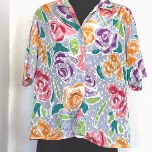 Vintage Abstract Floral Short Sleeve Button Down Blouse Grey Pink Multi Color